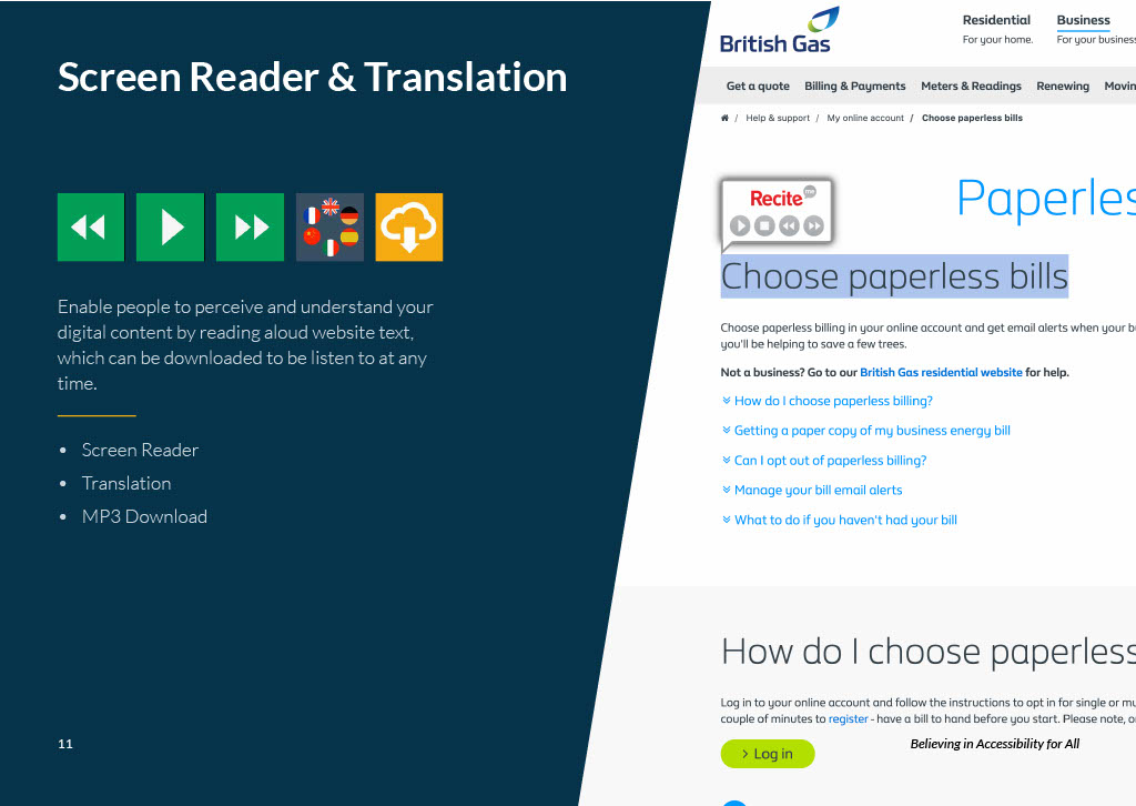 Screen reader and translation.  Enable people to perceive and understand your digital content by reading aloud website text, which can be downloaded to be listened to at any time.  Screen reader, translation and MP3 download.  Image of example page.